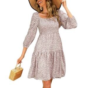 BBX Lephsnt Dress Women's Large Purple White Floral Smocked Casual